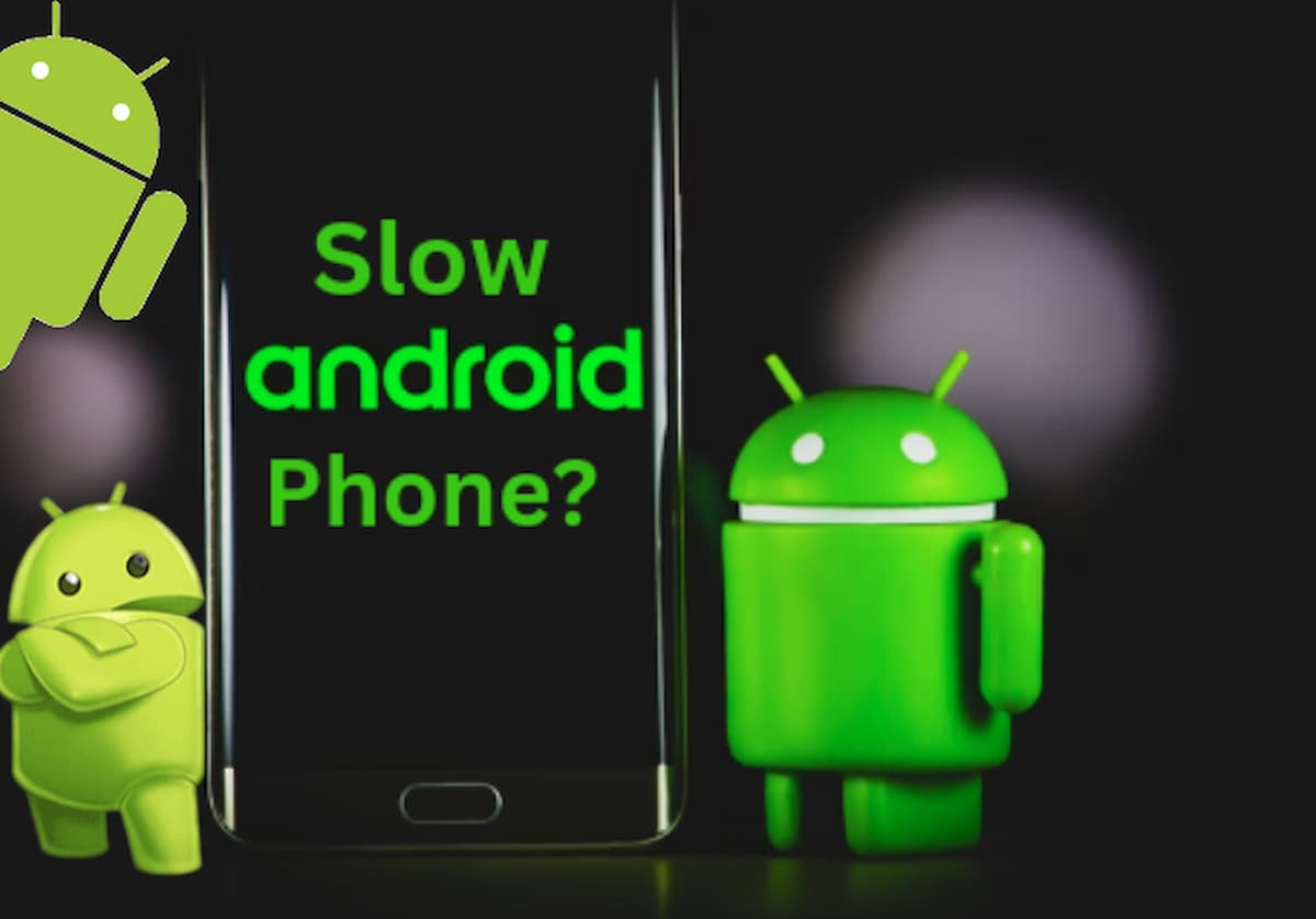 Ilustrasi android hijau di samping smartphone dengan teks 'Slow Android Phone?' yang menggambarkan masalah ponsel lambat.